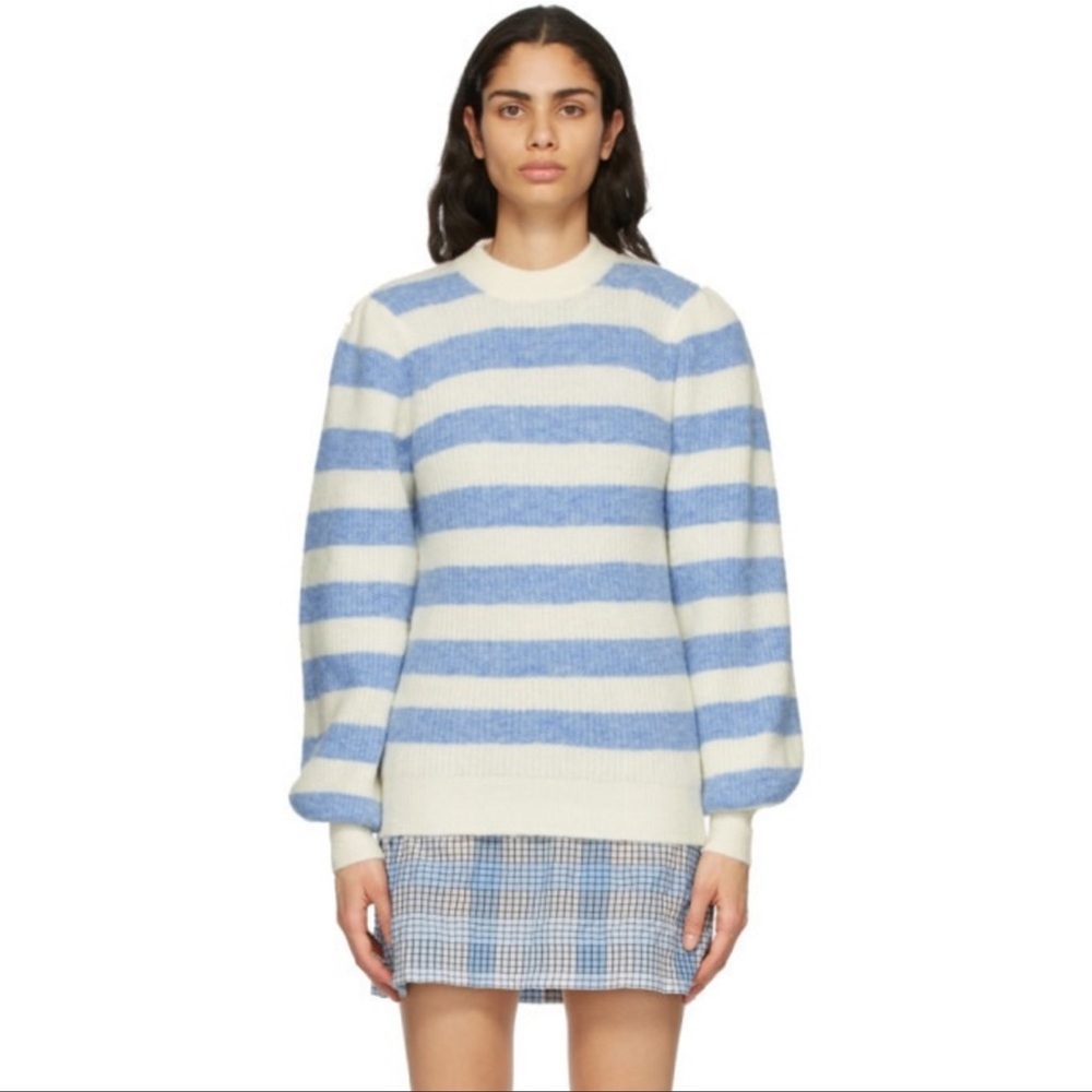 Ganni Blue and White Balloon Sleeve Alpaca Blend Striped Sweater